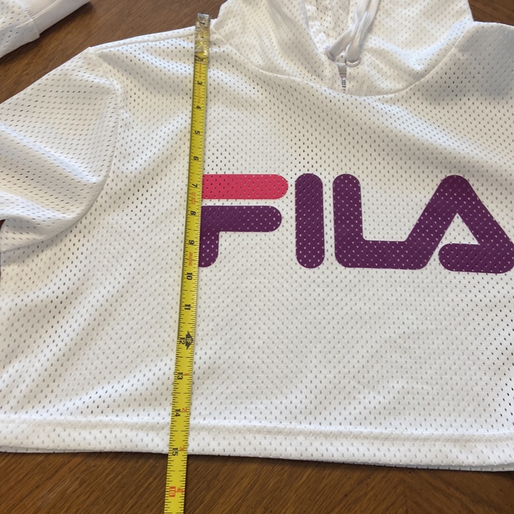 FILA cropped ventilated drawstring hoodie size small white w/ purple and pink - Picture 10 of 11